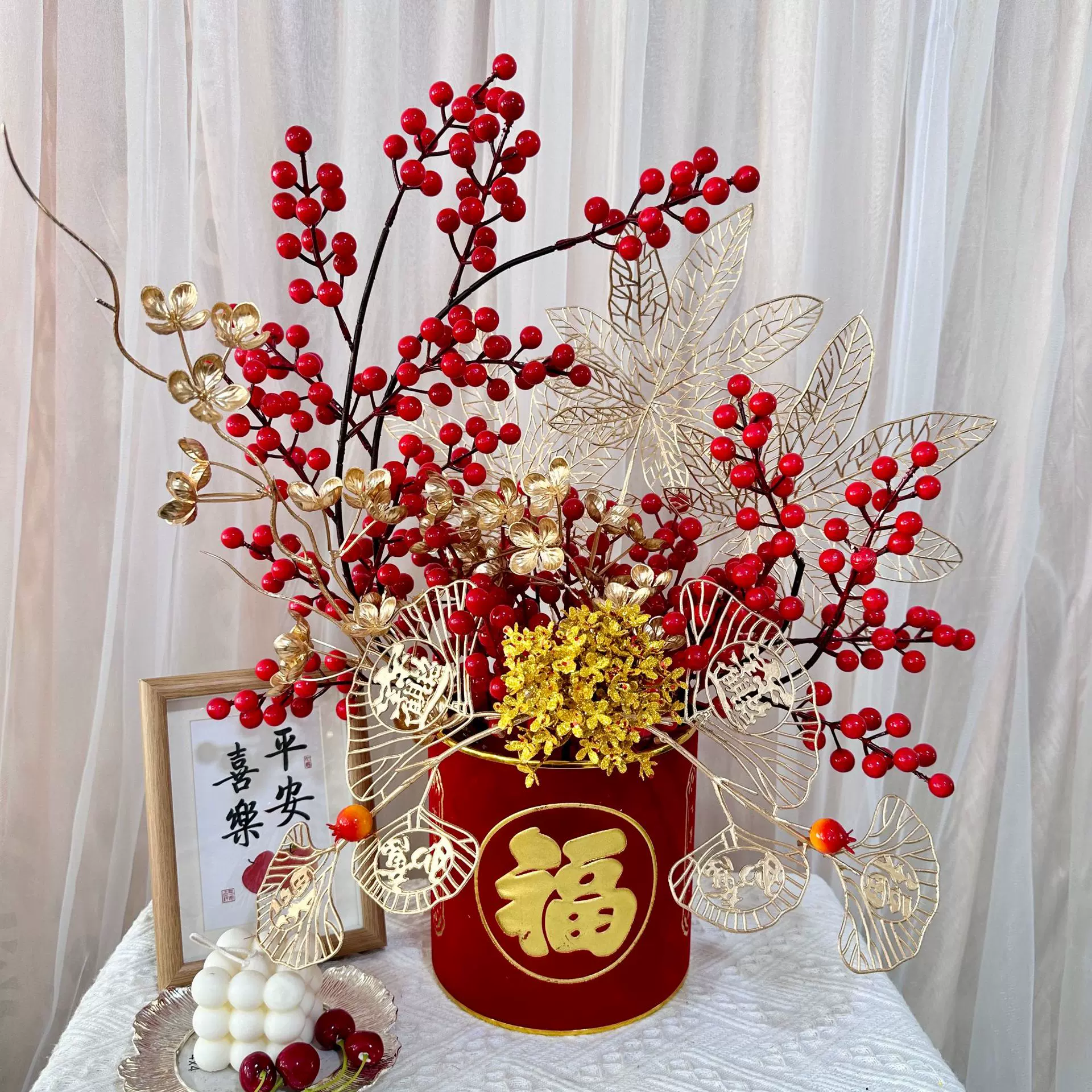 节日福桶装饰摆件婚庆桌面仿真发财果中国风抱桶diy福桶摆件批发