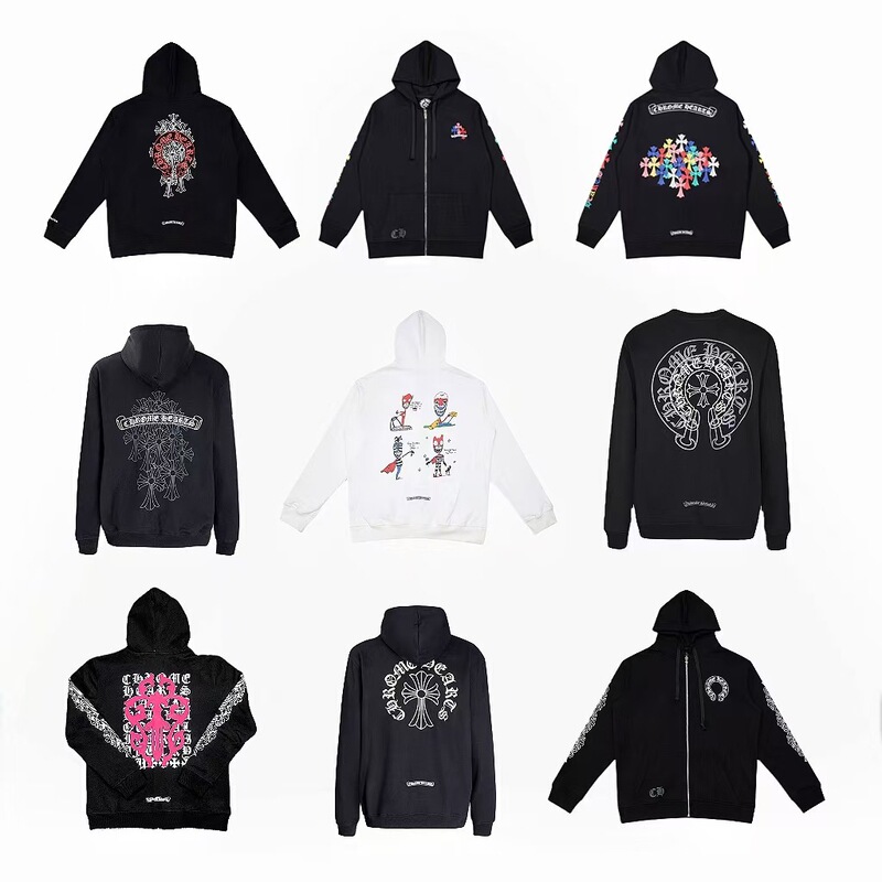 25 New High-Quality Chrome Heart Horseshoe Cross Hooded Zipper Sweatshirt Factory Wholesale