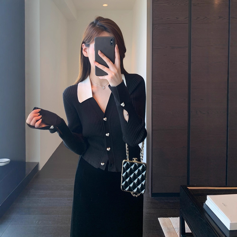 别致时髦 撞色polo领羊毛混纺针织衫显瘦毛衣女25秋冬新款G091601