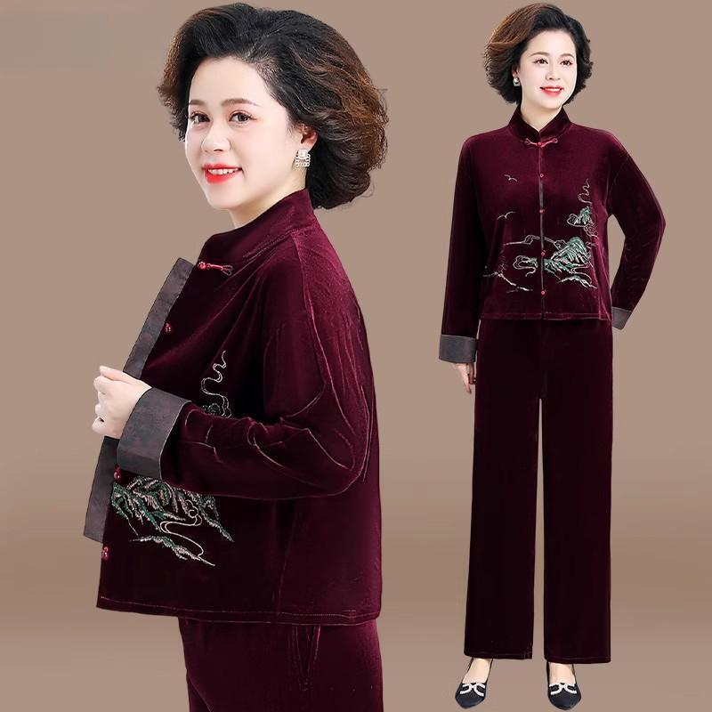 妈妈秋装洋气金丝绒套装女2025新款中老年人春秋外套中式唐装上衣|undefined