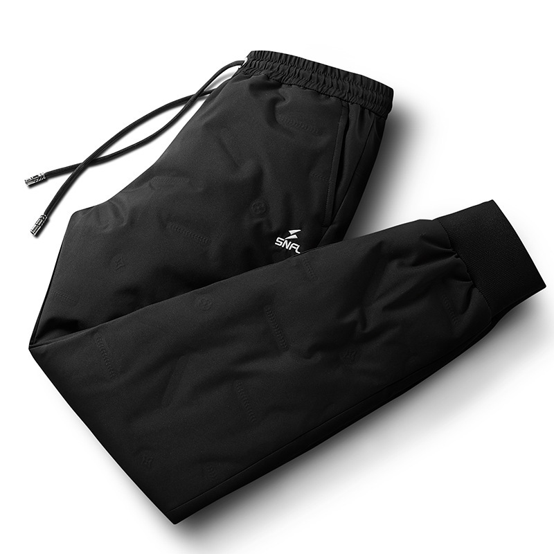 Thickened, warm, windproof, and cold-resistant men's down-filled trousers with letter print design and slanted pockets.