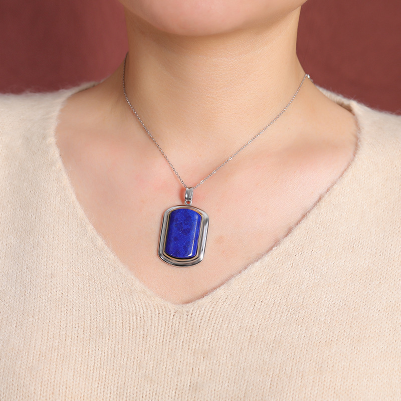 Mặt dây chuyền bạc S925 đính đá lapis lazuli phong cách vintage hình học — Mặt dây chuyền đơn (không bao gồm chuỗi)