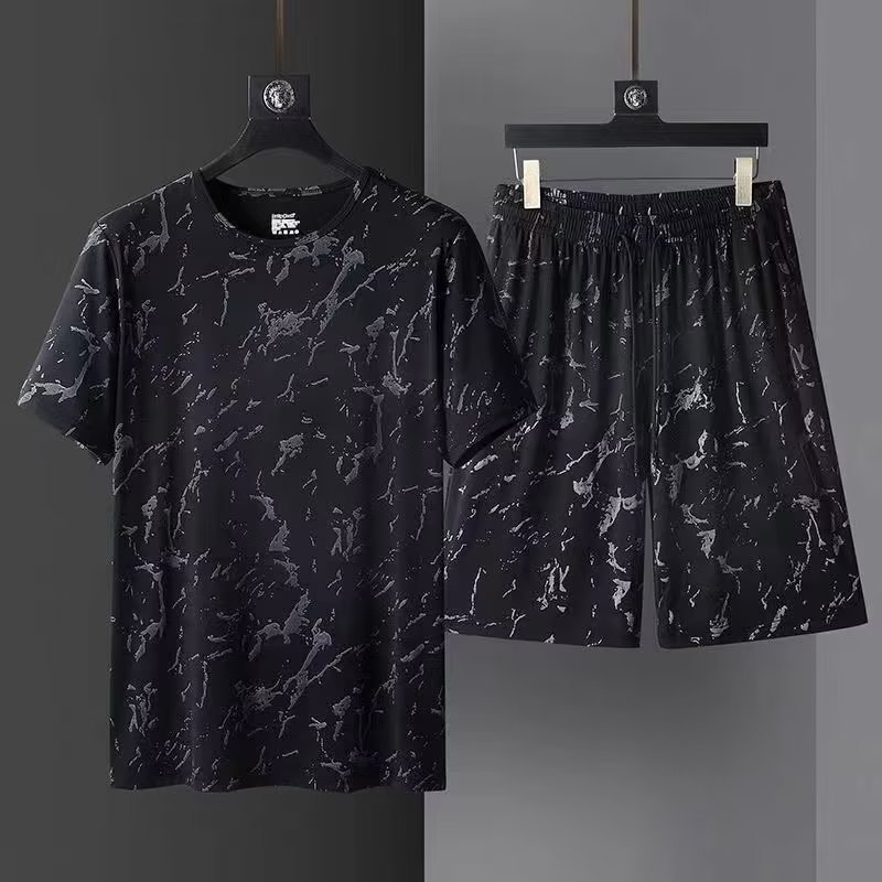 Camisa menos ropa de seda de hielo traje de manga corta hombres delgados verano nueva marca de agua personalidad moda deportes pantalones cortos conjunto de dos piezas