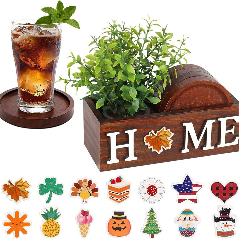 Cross-border wooden coasters with storage box, green plant succulent base, coffee and water cup insulation mat, farmhouse coaster set Cross-border wooden coasters with storage box, green plant succulent base, coffee and water cup insulation mat, farmhouse coaster set