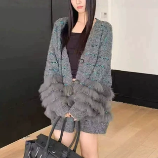 秋冬高级感慵懒风亮丝条纹韩系中长宽松显瘦毛衣慵懒风外套女休闲