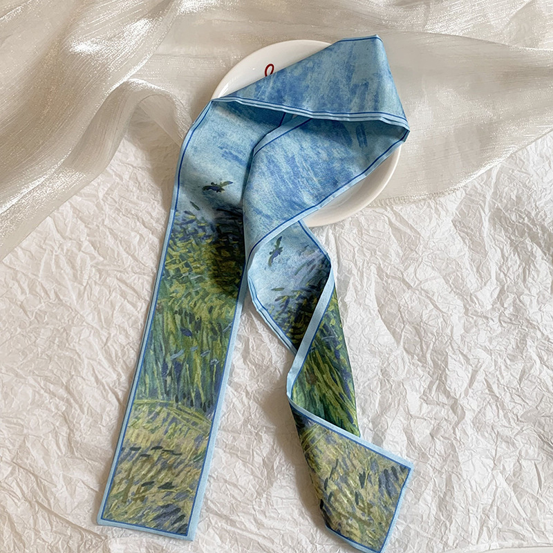 Pañuelo de seda largo, atmósfera coreana, nueva serie fresca, temperamento, pañuelo en la cabeza de alta gama, cinta para el cabello, bolsa para el cabello, cinta