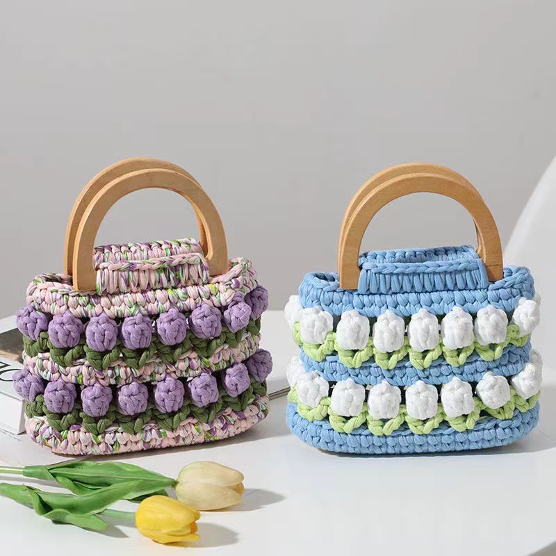 Bolsa de tejido DIY hecha a mano, bolsa de Tulip, tela casera, línea de ganchillo, bolsa de material DIY