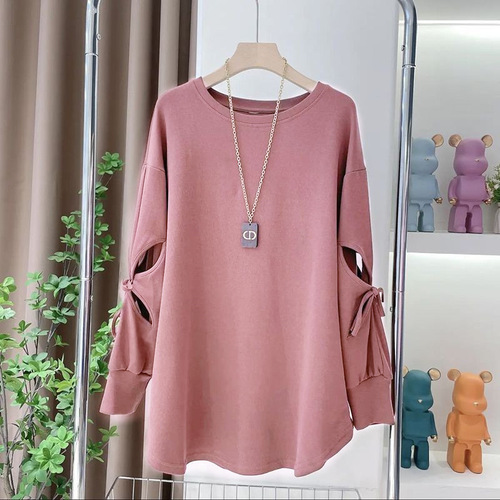 2025 Spring Thin-Powered Top Casual Trend Bowknot Belt Sleeve Women's Shirt Commute Sweatshirt