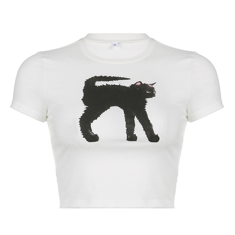 猫のプリント半袖tシャツ女性2023欧米の新商品の丸首カジュアル通勤がやせている街頭ギャル上着|undefined
