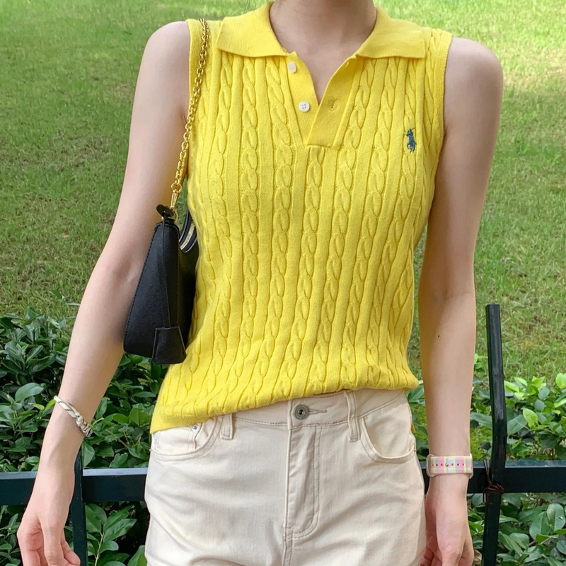 In Stock~Rl Raffia Twist Pony Logo Embroidery Polo Collar Vest Knitted Vest Women's T-Shirt Sleeveless Knitted Sweater Women