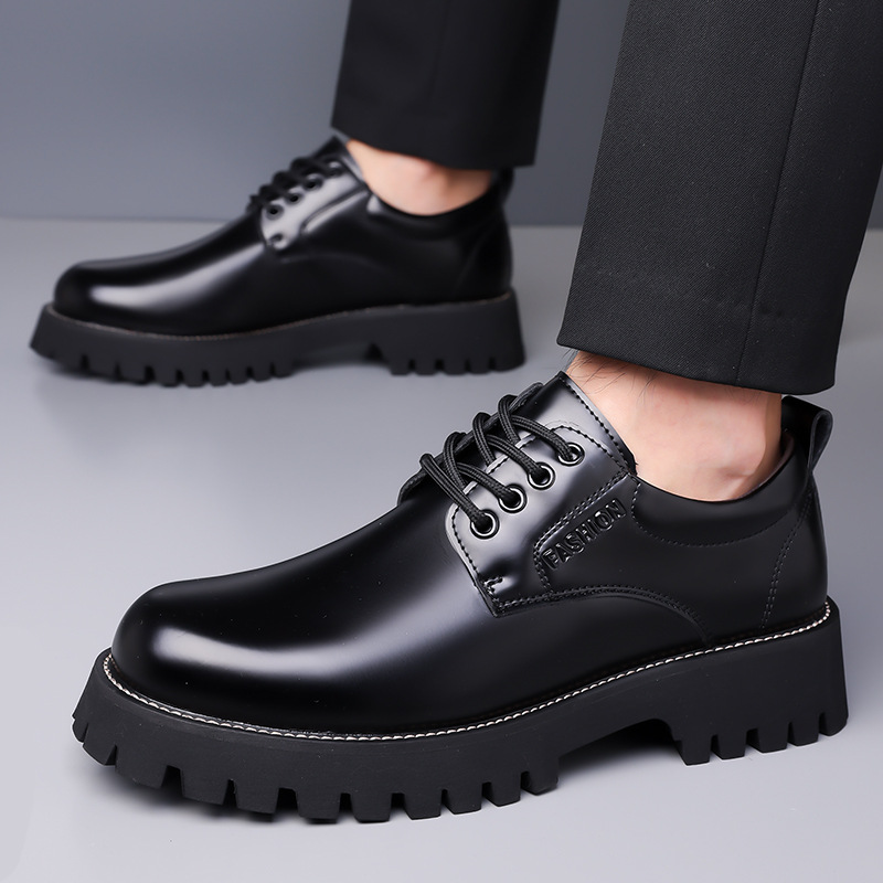 Men's Leather Derby Shoes Casual Thick Sole Formal Wedding Shoes_voghion.com