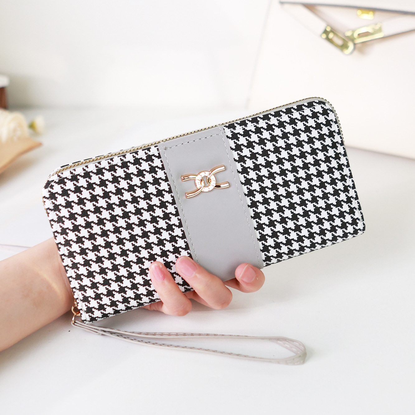 Etiqueta transfronteriza nueva billetera de mujer de pata de gallo billetera larga con estampado de cremallera billetera de moda bolso de tarjeta de teléfono móvil