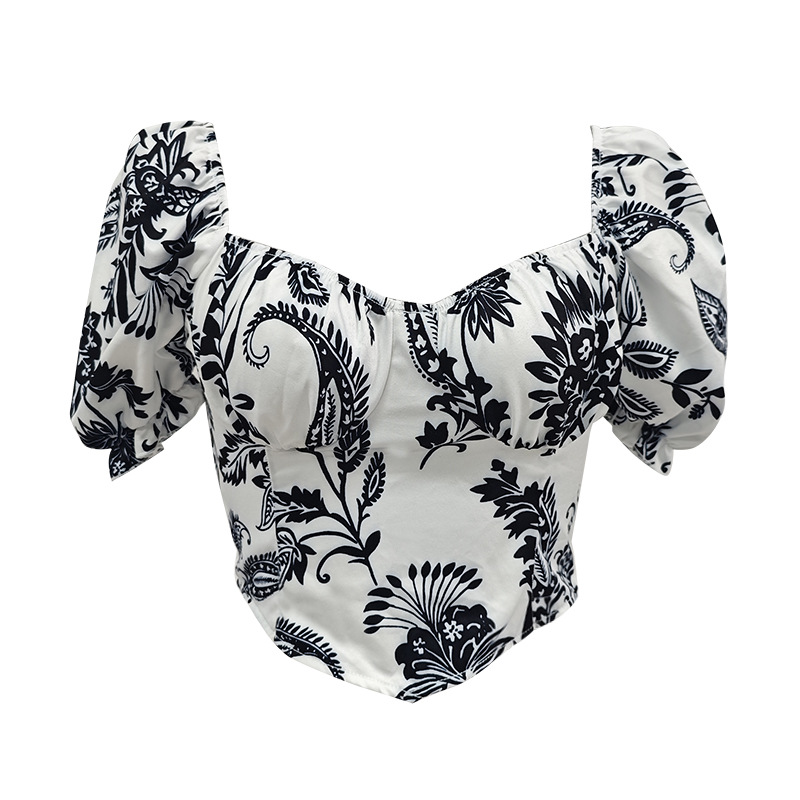 Venta caliente transfronteriza nuevo estilo francés retro estampado cuello cuadrado manga abullonada diseño sexy chaleco corto top