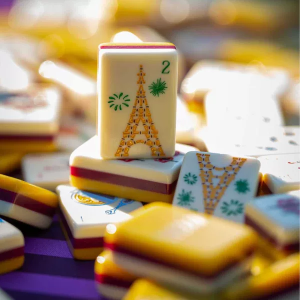 Yellow Paris Cafe Acrylic Mahjong Set of 160 Pieces, Home Use Gift Set, Hand-Crafted Crystal Tiles