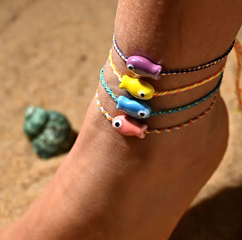 Cross-Border New Product Hot-Selling Summer Vacation Style Anklet Jewelry Ceramic Cartoon Fish Braided Adjustable Bracelet Anklet for Women