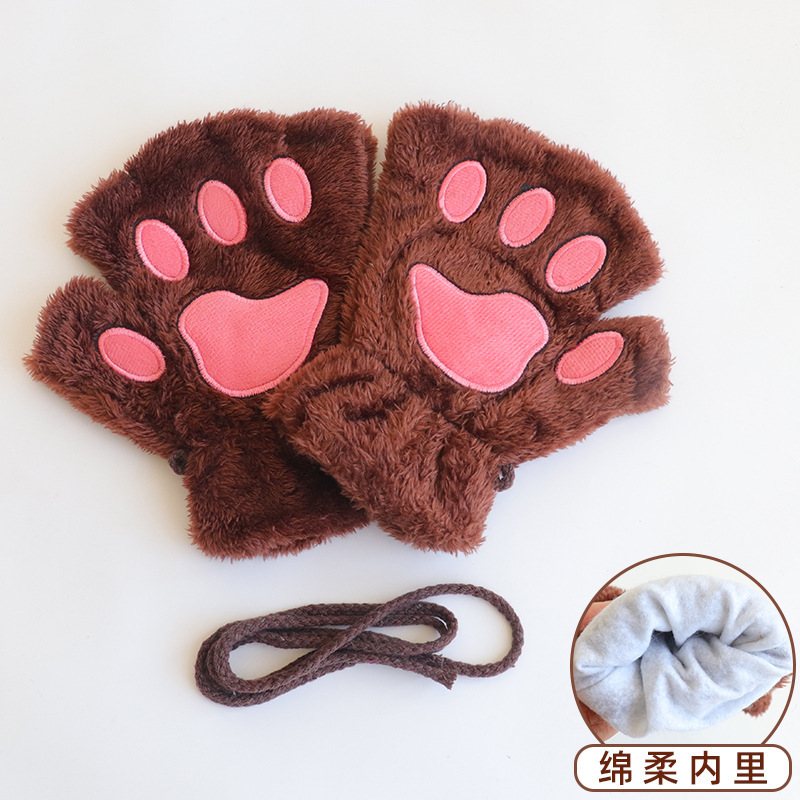 秋冬の女性用のかわいい猫の爪手袋、暖かく防寒性のある豪華なハーフフィンガーグローブ、厚くてベルベット、学生が指を失うのを防ぐために書くことができます。|undefined