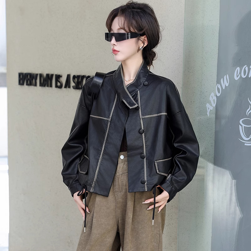 Haining Genuine Leather Jacket Women's Short Large Size Spring & Fall New Loose Design American Retro Motorcycle Jacket