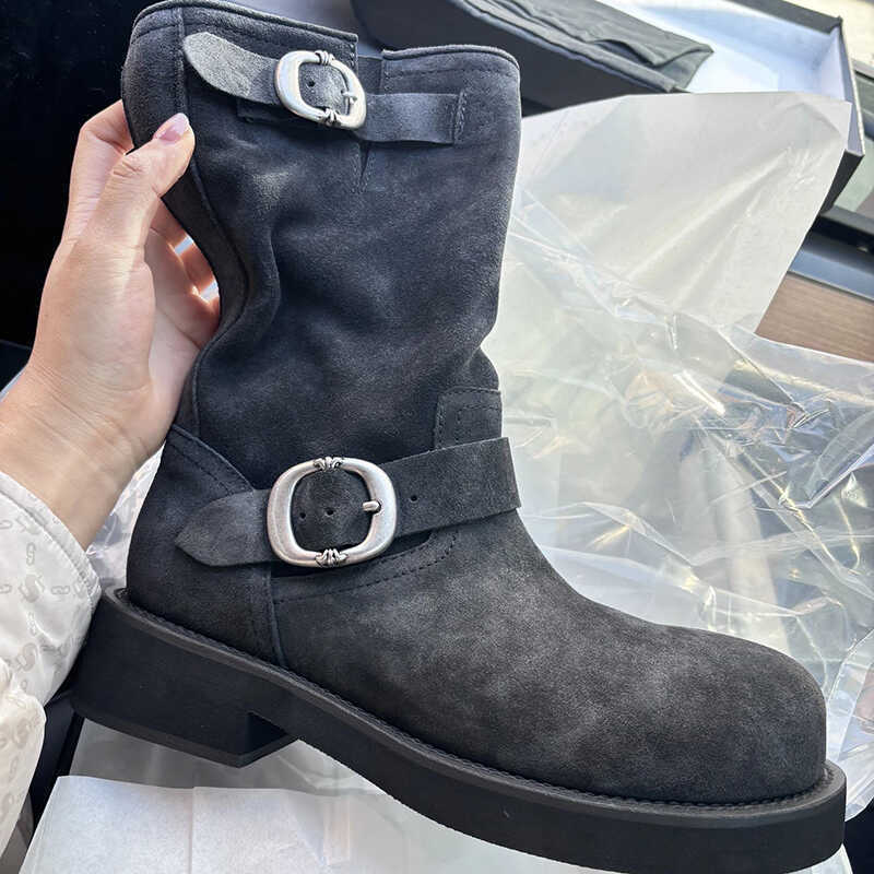 2026 Autumn and Winter New Style Suede Round-Toe Thick-Soled British Style Martin Boots Cowboy Boots Women's Belt Buckle Mid-Calf Short Boots