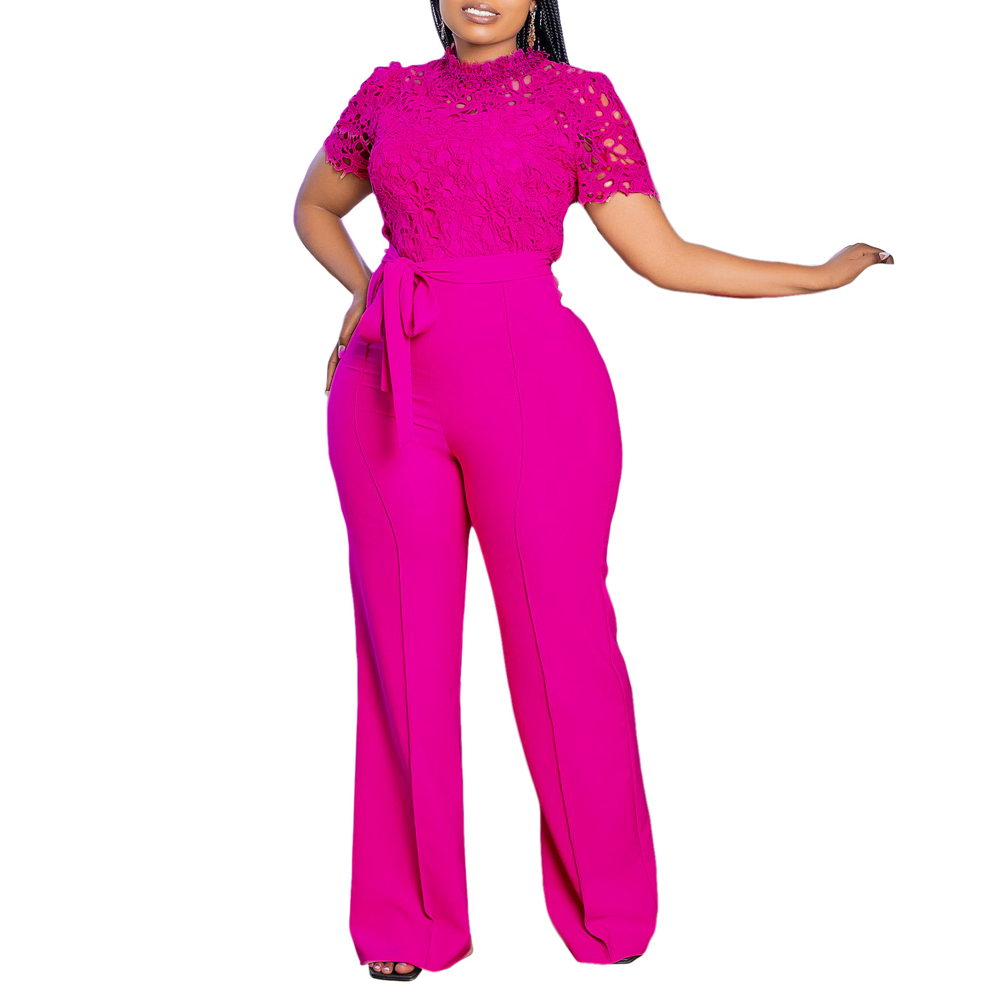 546g Weight Short Sleeve Sleeve Length Polyester Fabric Type High Waist Waist Line Jumpsuits Pants Type Daily Occasion Loose Fit Type Solid Color Pattern Summer Season Women's Gender Lace Design Casual Style Women's Daily Casual Solid Color Lace Jumpsuits 50