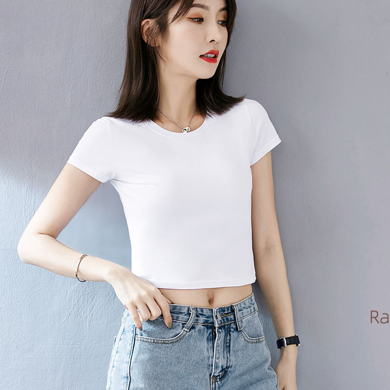 Pure Cotton Tight-Fitting Navel-Baring Short-Sleeved T-Shirt for Women, Sexy Style, High-Waisted Short Korean Style Pure Color Unique and Beautiful Summer Top