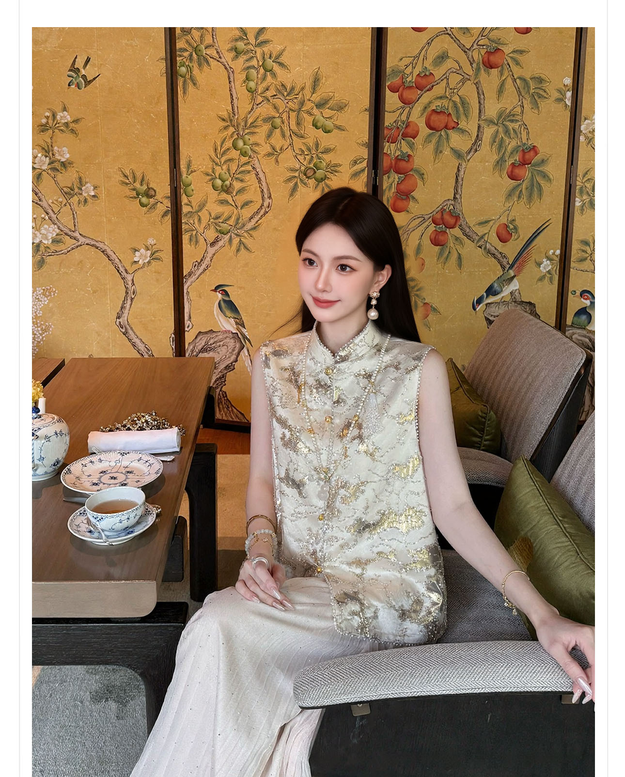 Áo gile hai dây nữ phong cách tân cổ điển cổ đứng thiết kế cao cấp — Vàng hồng chi tiết 3