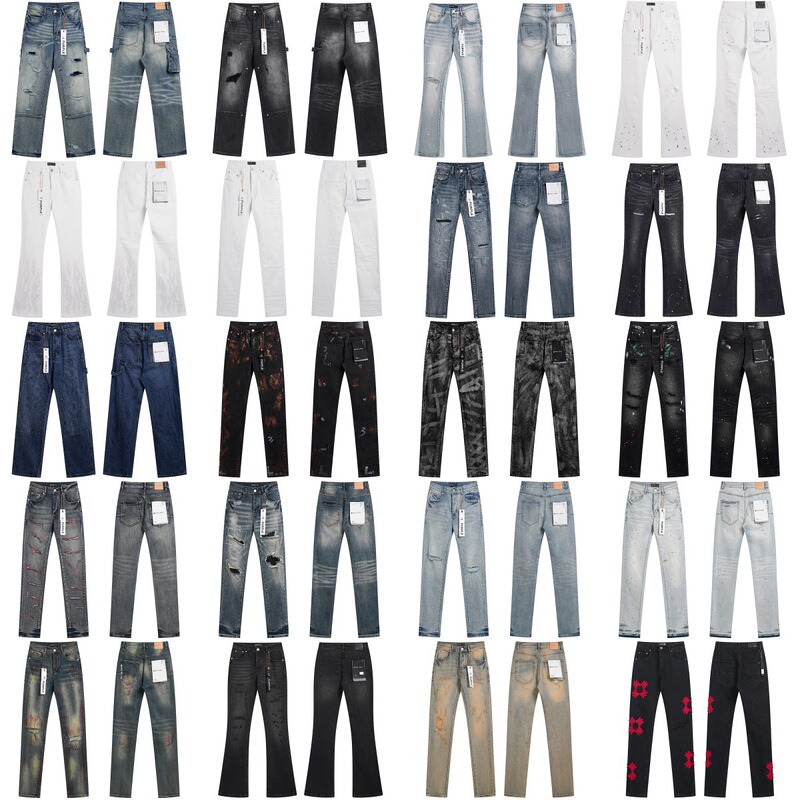 パープルブランド スモールフット ストレート マイクロフレア ストレッチ ジーンズ レトロ ダメージ加工 リップド デニム パンツ|undefined