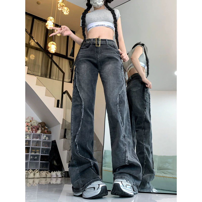 2024-май дизайн чувство нишевые брюки американские уличные ретро высокие улицы черные женские прямые джинсы