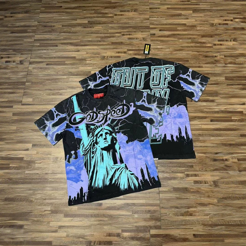 American-style trendy brand GD casual loose-fit round-neck T-shirt with printed distressed short sleeves featuring skull and Statue of Liberty designs for cross-border trade American-style trendy brand GD casual loose-fit round-neck T-shirt with printed distressed short sleeves featuring skull and Statue of Liberty designs for cross-border trade