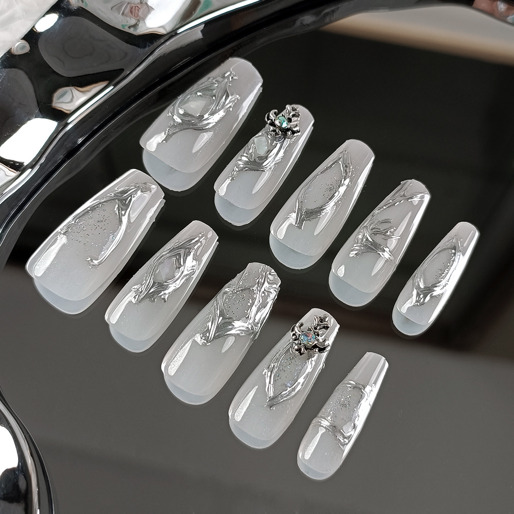 10 piezas decodificadas plata en relieve de manicuría de uñas de barco de martillo taladro parche de uñas de polvo brillante de fototerapia hecha a mano con uñas