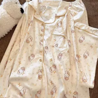 蝴蝶结碎花小兔子少女款睡衣德绒保暖加厚套装冬天可外穿家居服
