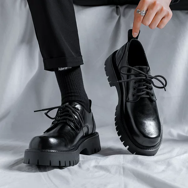 Men's Leather Shoes Autumn British Style Thick-Soled Casual Derby Shoes Men's Formal Wedding Black Low-Top Martin Boots 2135