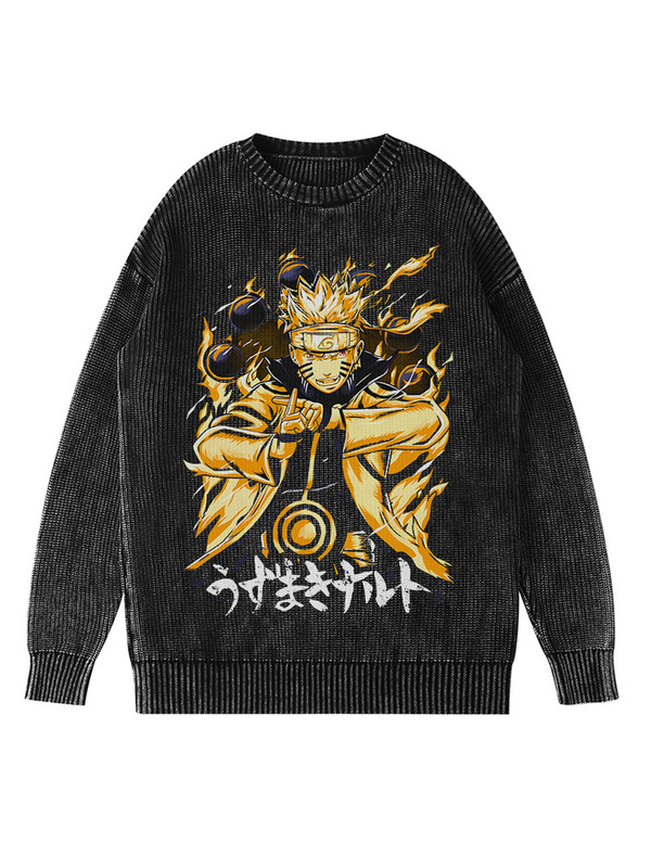 New Naruto Anime Cartoon American Trendy Cotton Knit Sweater Washed Vintage Crew Neck Sweater