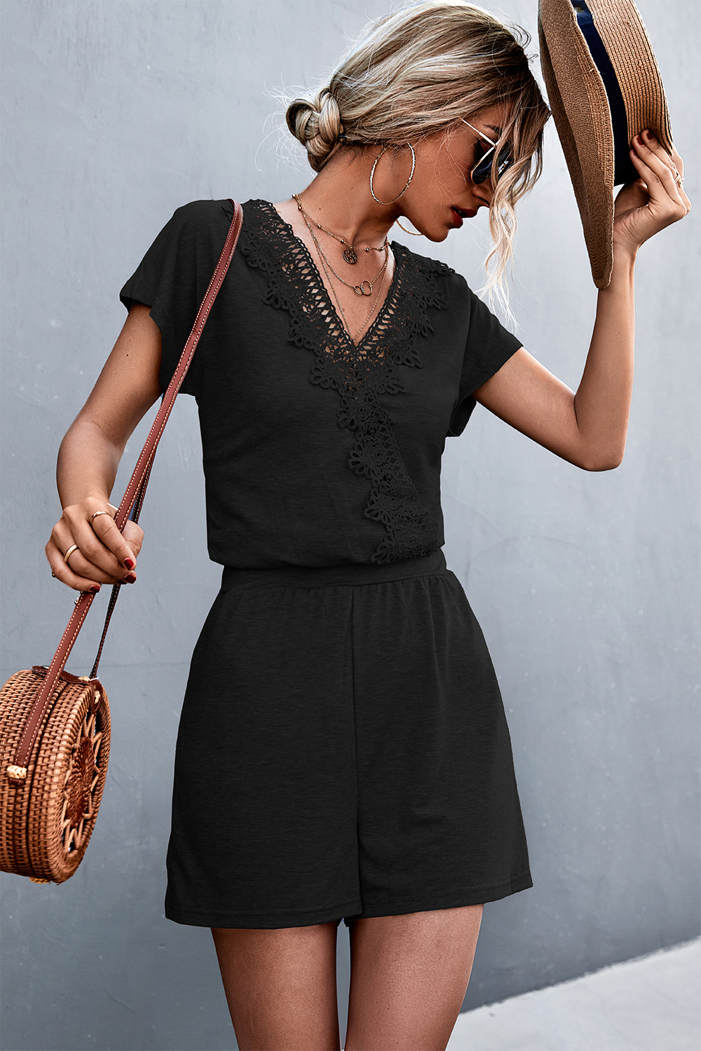 Women's Summer Romper With Lace Splicing And Cross V-neck Detail_voghion.com