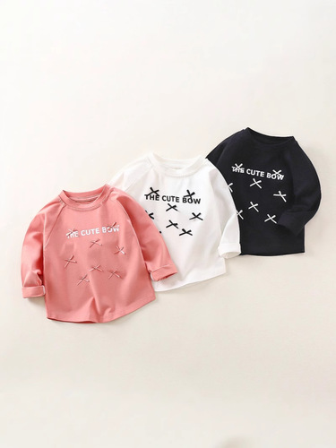 Girls' Lacey Cotton Bowknot Long-Sleeve T-Shirt Fresh Korean Version 2025 Spring and Autumn New Long T-Shirt 2025 Spring Style Fashion