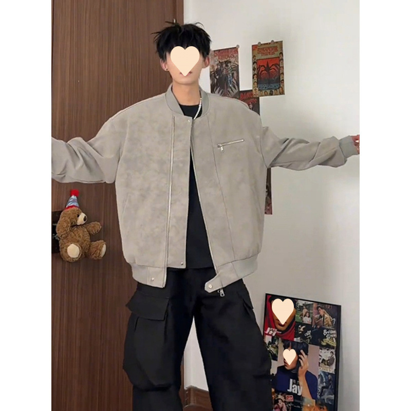美式vintage棒球服男秋高街痞帅扎染皮夹克设计感短款工装外套潮|undefined
