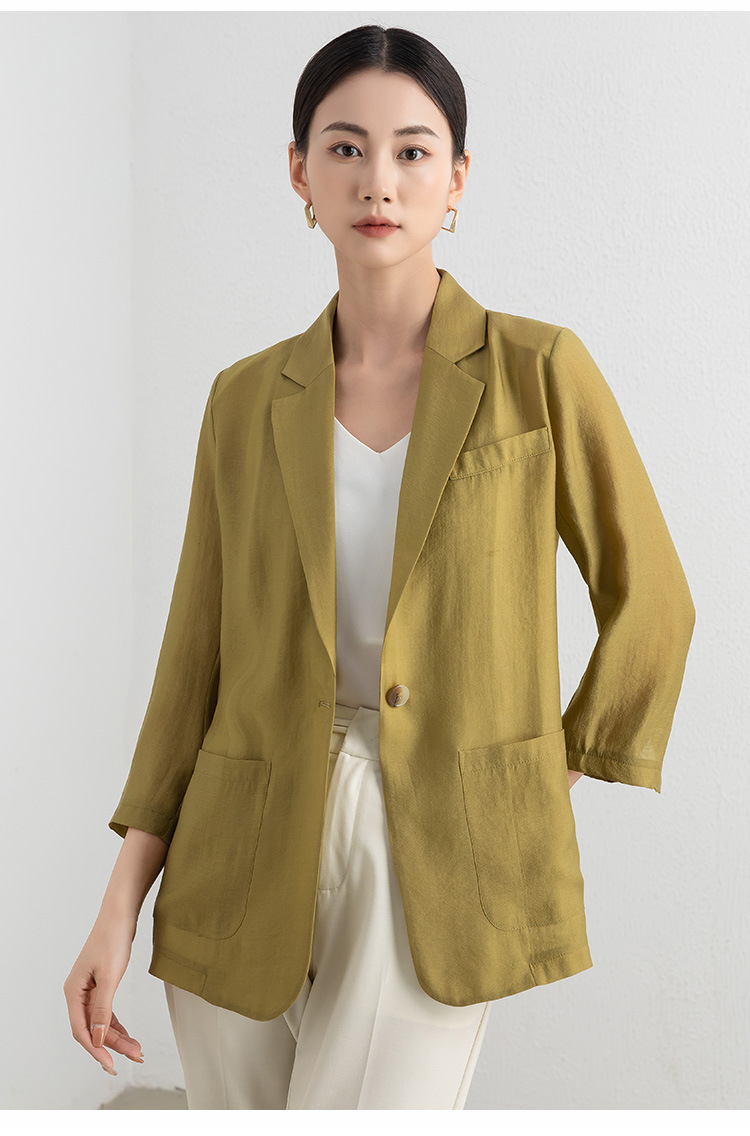 Áo blazer nữ tay lửng vải Tencel tím nhạt mỏng nhẹ — Màu tím chi tiết 11