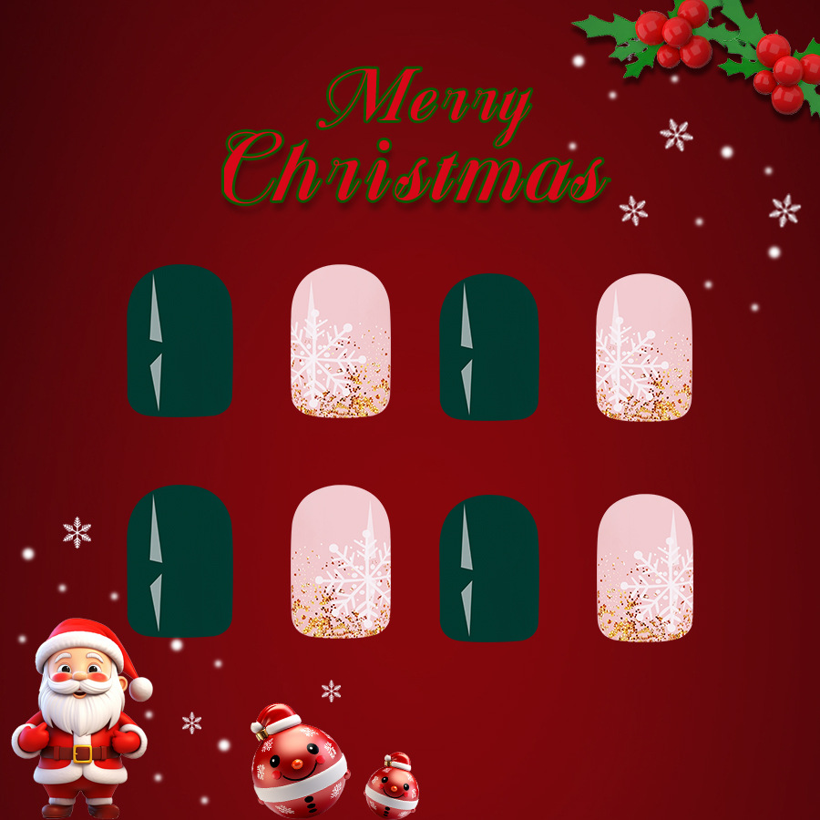 Korte heldere vierkante pantser 2024 nieuwe kerstverloop sneeuwvlok donkergroen afneembare draagbare nagelstickers 24 stuks_voghion.com