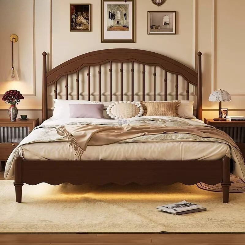 Solid Wood Windsor Bed, Antique Style, Simple 1.8 Master Bedroom Double Bed, Small Apartment 1.5 French Retro Harp Solid Wood Bed
