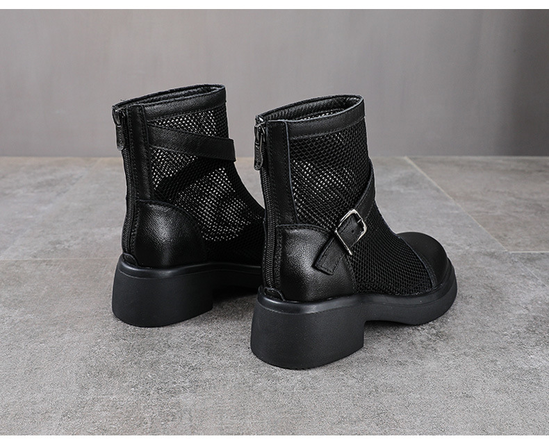 Boot lưới nữ da bò thật cổ thấp kiểu La Mã thoáng khí — màu đen chi tiết 12