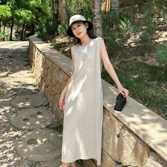 ゆるくてリラックス！気質通勤テンセルリネンベストドレスクールドレープノースリーブコクーン型ノースリーブドレス
