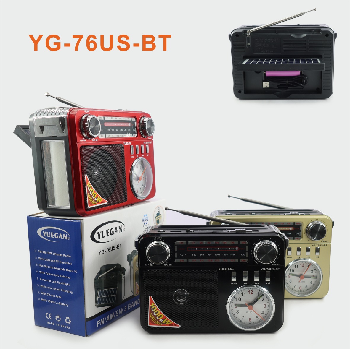 Radio multifuncional transfronteriza europea y americana iluminación de emergencia cargar teléfono celular con reloj recargable altavoz de tarjeta solar