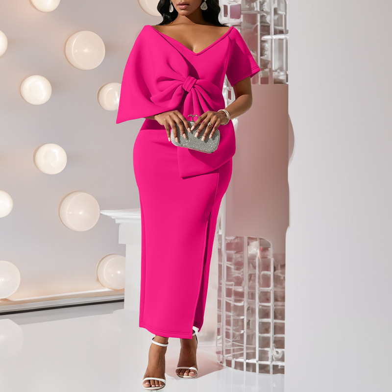 D395 party dress Foreign Trade Women's Sexy Big Bow Split dress Hip Skirt European and American dress D395 party dress Foreign Trade Women's Sexy Big Bow Split dress Hip Skirt European and American dress