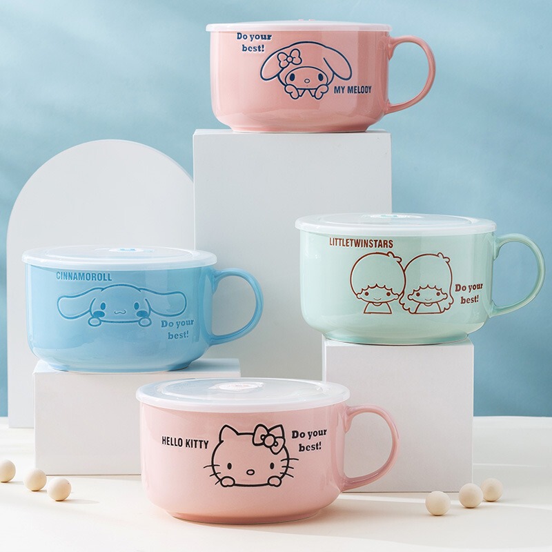 Sanrio Instant Noodle Bowl with Lid, Ceramic Lunch Box, Household Sealed Fresh-Keeping Bowl, Student Dormitory Lunch Box, Cute Rice Bowl