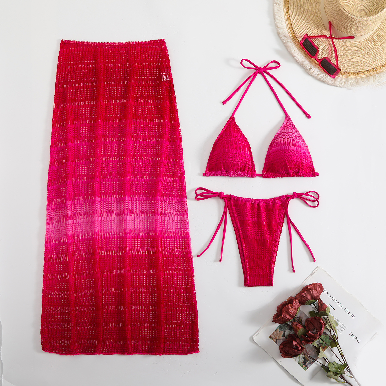 Bikini de Tres Piezas con Falda Larga de Malla de Poliéster para Playa image 7