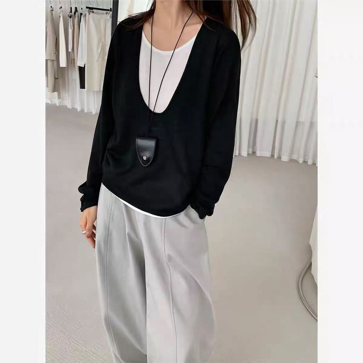 Minimal perezoso viento de color falso dos piezas de camisa de lana de punto para mujeres otoño y invierno nuevo gran cuello en U delgado temperamento chaqueta