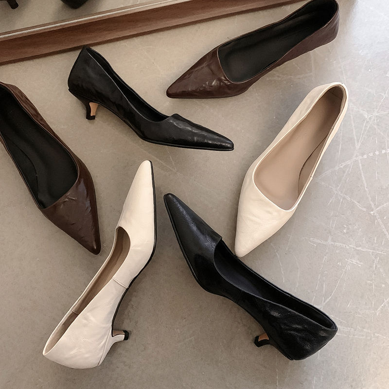 Full Sheepskin Elegant Sexy Kitten Heel 2025 Spring Thin Middle Heel Pointed Leather Commuter Professional Shallow Mouth Single Shoes for Women