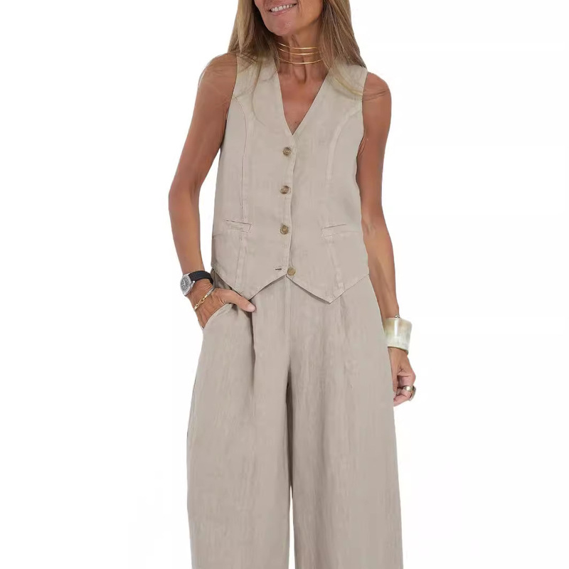 2024 European and American Cross-border Hot Selling New Fashion Vest Pants Collage Splicing Cotton and Linen Casual Suit 2024 European and American Cross-border Hot Selling New Fashion Vest Pants Collage Splicing Cotton and Linen Casual Suit