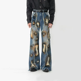 DiZNEW OEM Blue Black Dirty Wash Wide Leg Jeans Grunge