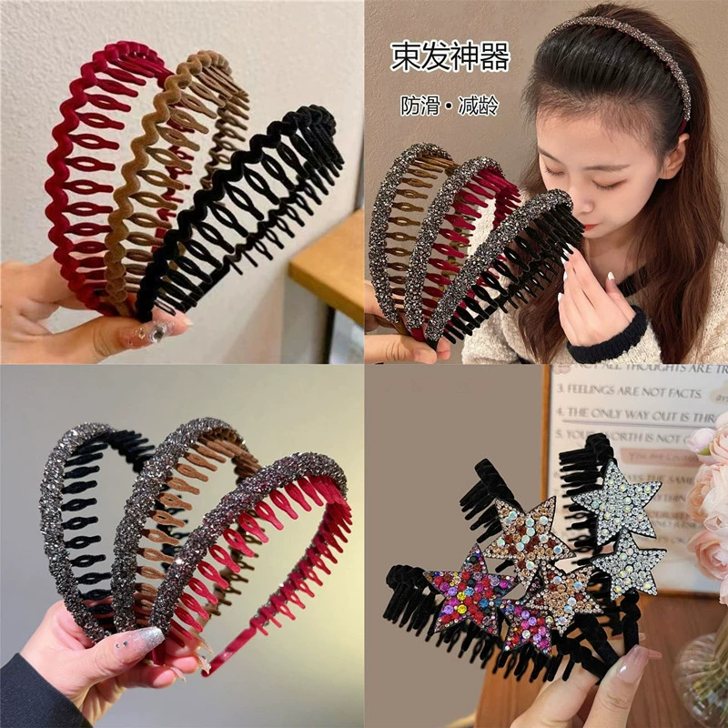 Пятиконечная звезда со стразами, Флокированная повязка для мытья лица, Женская Анти-капельная зубчатая отделка сломанных волос, артефакт, повязка на голову для прессования волос, Детские аксессуары для волос