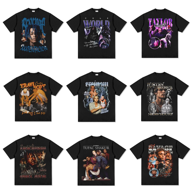 Pure Cotton Short-Sleeved T-Shirt for Men, Hip-Hop Rap Style, Kanye Bieber Eminem Traxxx Print, Drake, Loose Fit